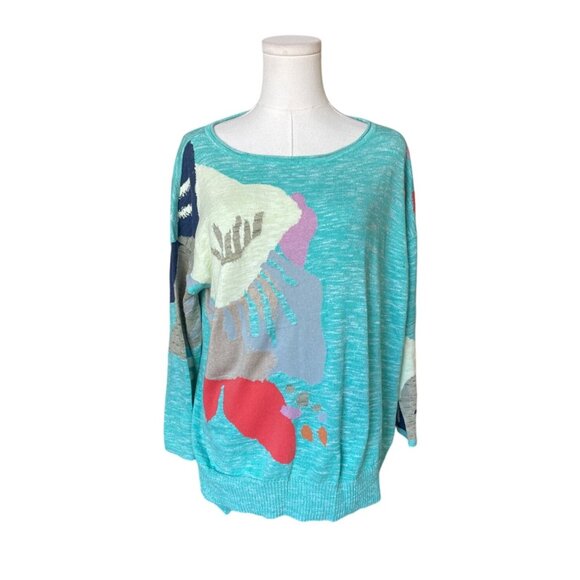 Nic+Zoe Womens Flower Sweater Sz L Cotton Linen Artsy Boho Chic Turquoise Blue - Picture 3 of 8